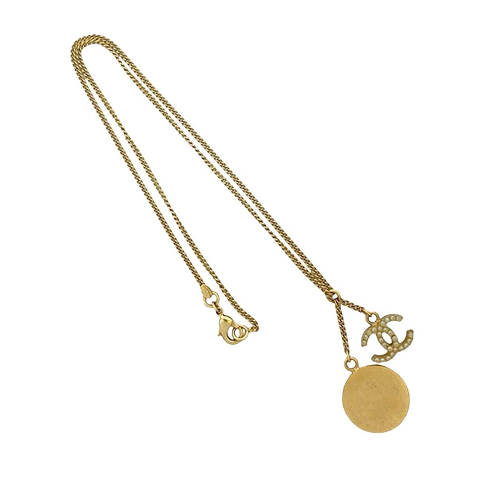 Chanel AB Chanel Gold with White Pearl Gold Plated Metal CC Faux Pearl Clock Pendant Necklace France