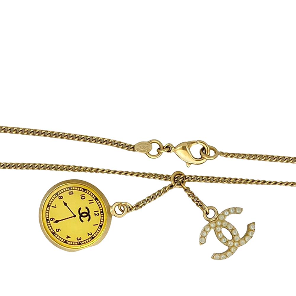 Chanel AB Chanel Gold with White Pearl Gold Plated Metal CC Faux Pearl Clock Pendant Necklace France