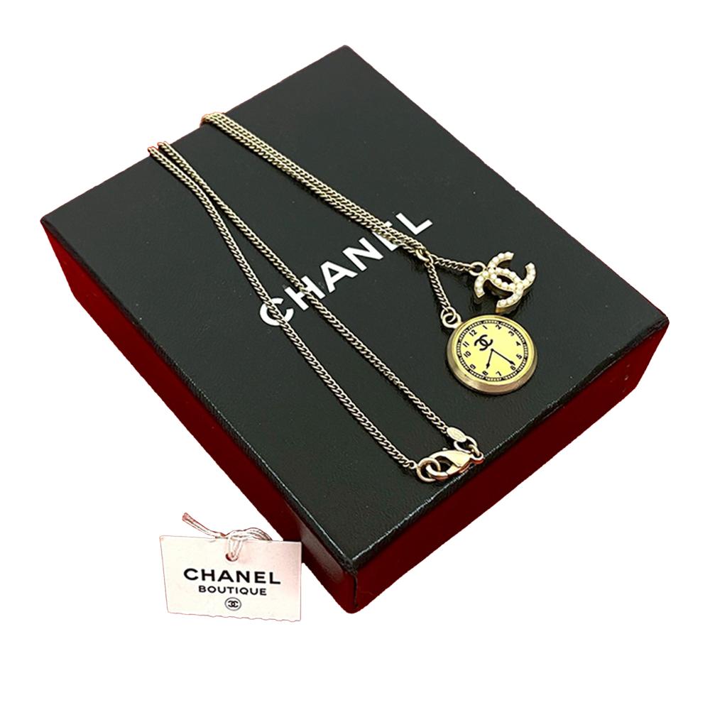 Chanel AB Chanel Gold with White Pearl Gold Plated Metal CC Faux Pearl Clock Pendant Necklace France