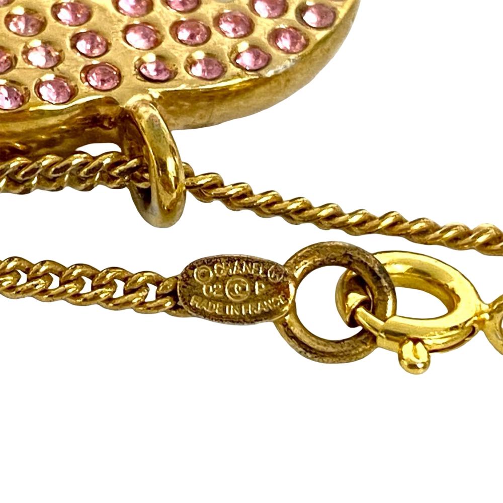 Chanel B Chanel Gold with Pink Gold Plated Metal CC Rhinestone Pendant Necklace France