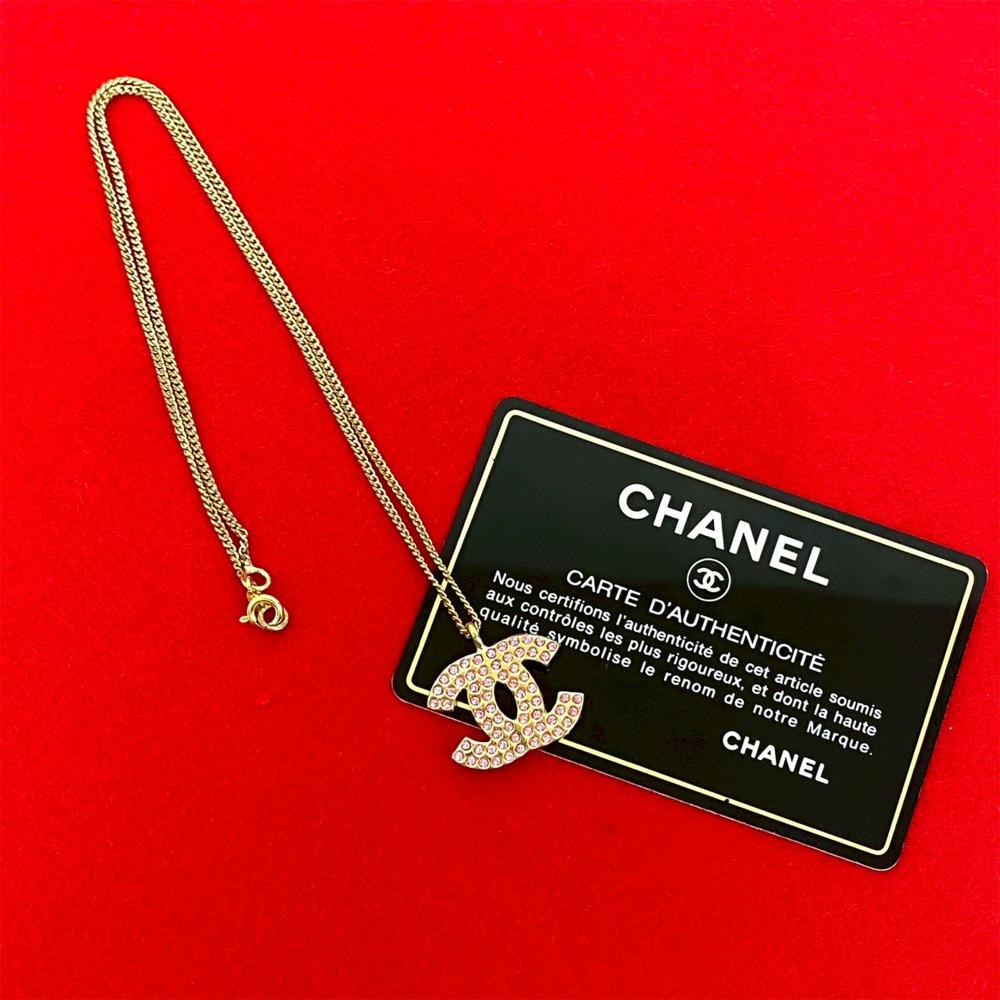 Chanel B Chanel Gold with Pink Gold Plated Metal CC Rhinestone Pendant Necklace France