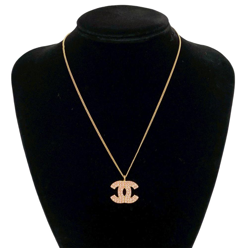 Chanel B Chanel Gold with Pink Gold Plated Metal CC Rhinestone Pendant Necklace France