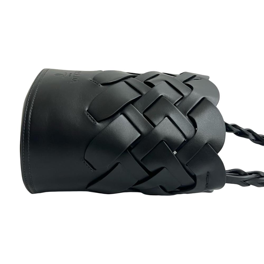 Prada AB Prada Black Calf Leather Vitello Intreccio Tress Bucket Bag Italy