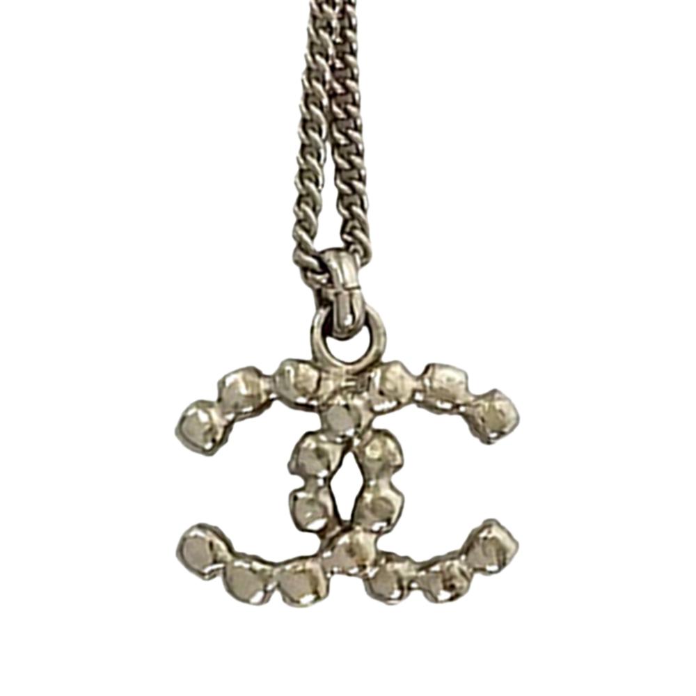 Chanel AB Chanel Silver Silver Plated Metal CC Rhinestone Pendant Necklace France