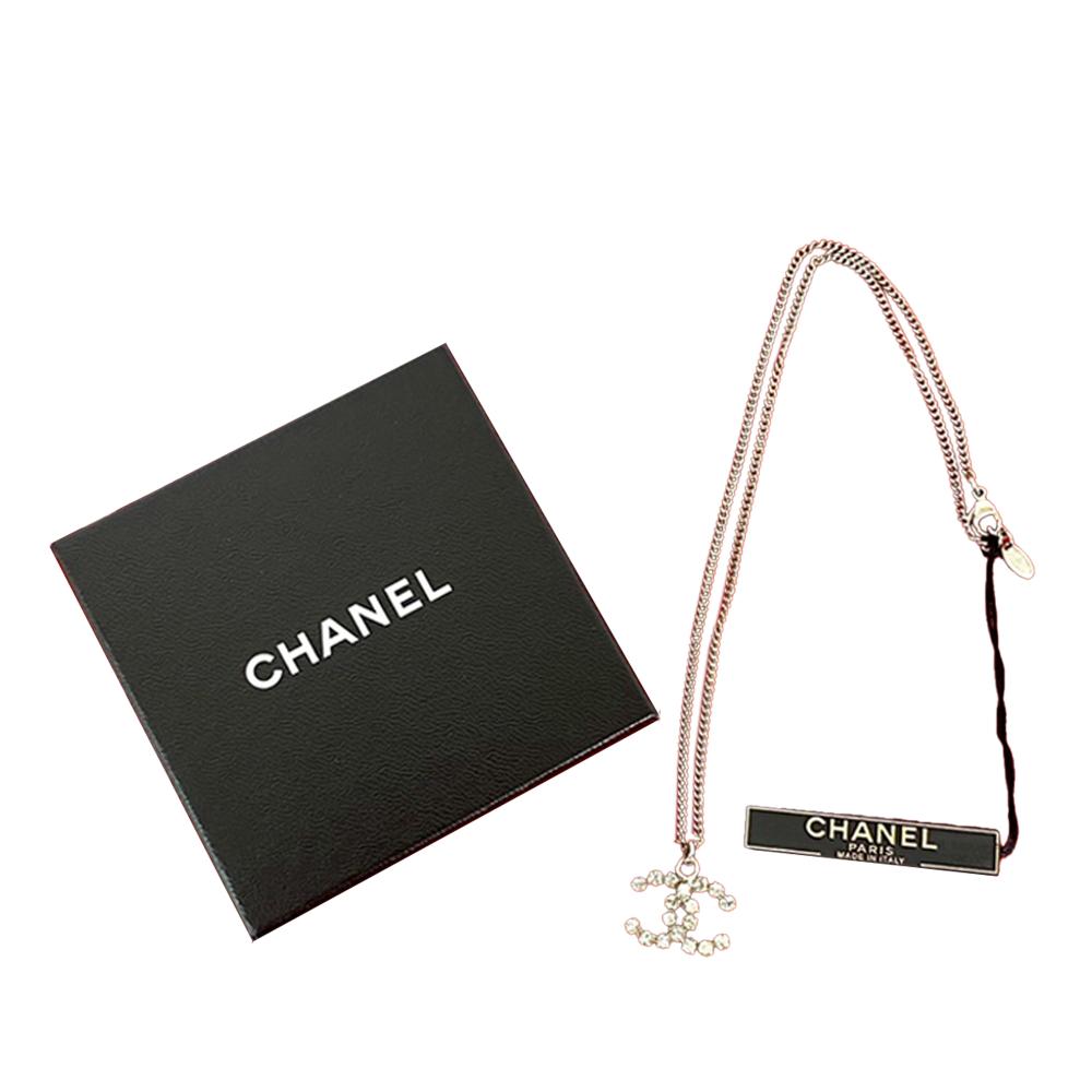 Chanel AB Chanel Silver Silver Plated Metal CC Rhinestone Pendant Necklace France