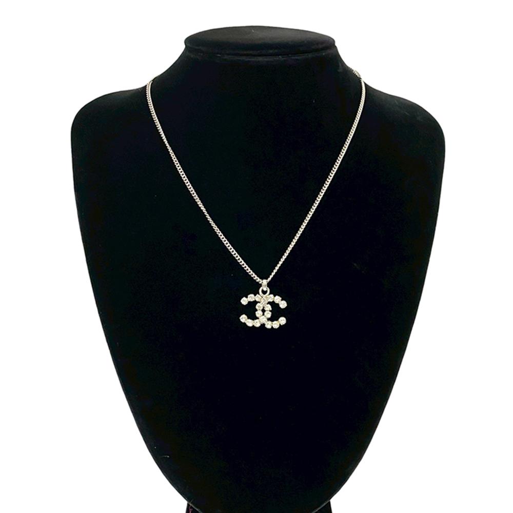 Chanel AB Chanel Silver Silver Plated Metal CC Rhinestone Pendant Necklace France