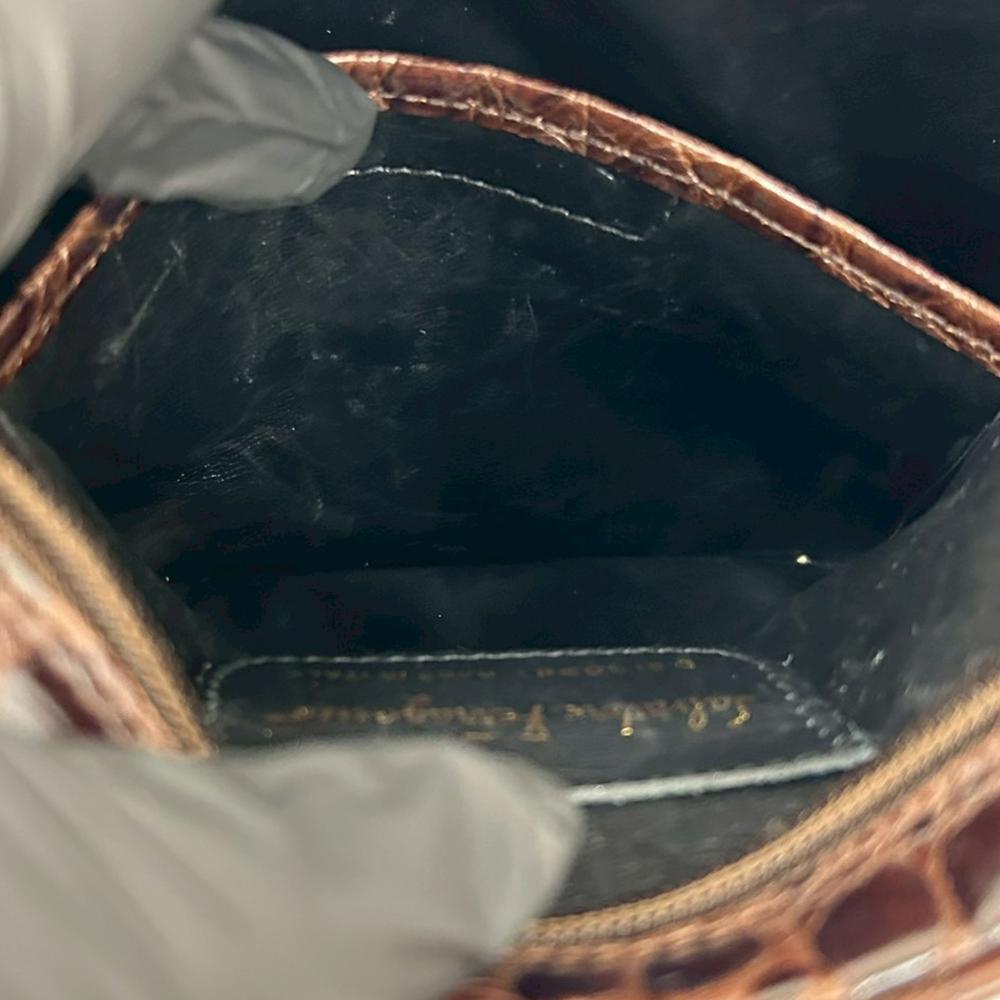 Ferragamo AB Ferragamo Brown Dark Brown Calf Leather Croc Embossed Vara Crossbody Italy