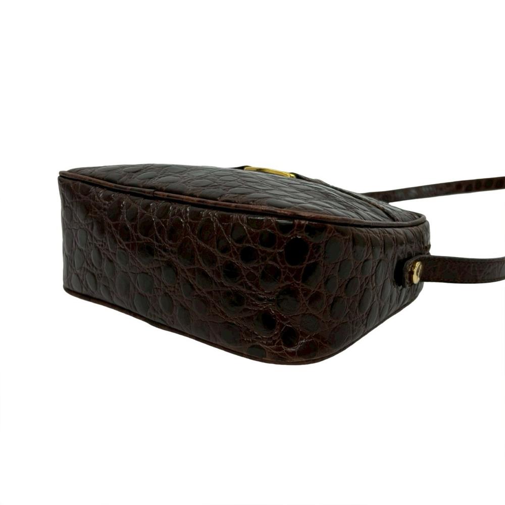 Ferragamo AB Ferragamo Brown Dark Brown Calf Leather Croc Embossed Vara Crossbody Italy