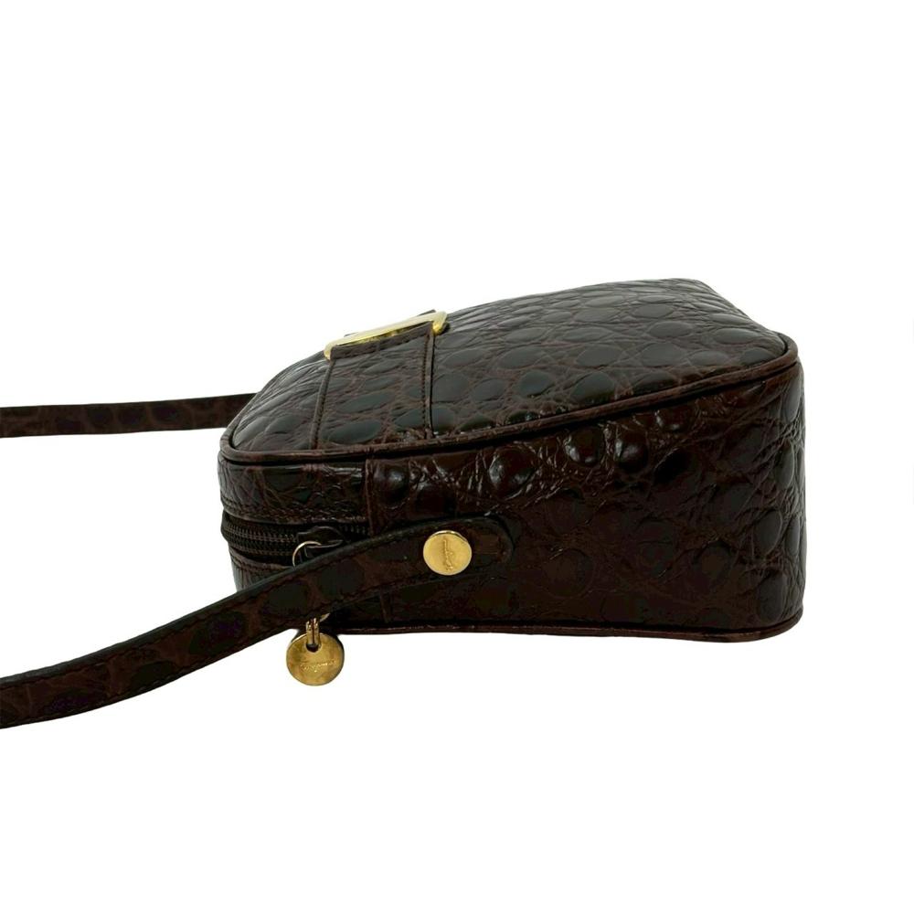 Ferragamo AB Ferragamo Brown Dark Brown Calf Leather Croc Embossed Vara Crossbody Italy