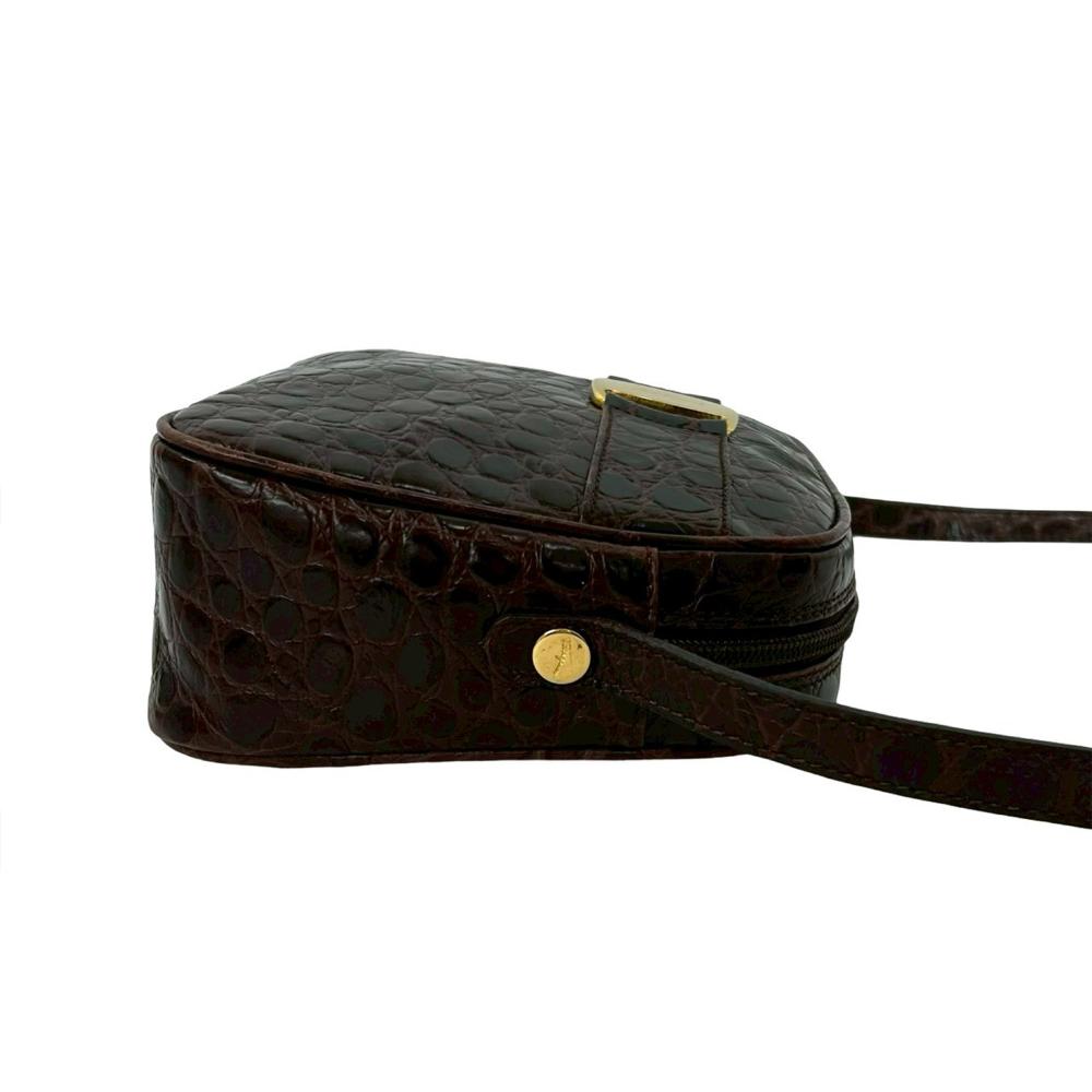 Ferragamo AB Ferragamo Brown Dark Brown Calf Leather Croc Embossed Vara Crossbody Italy