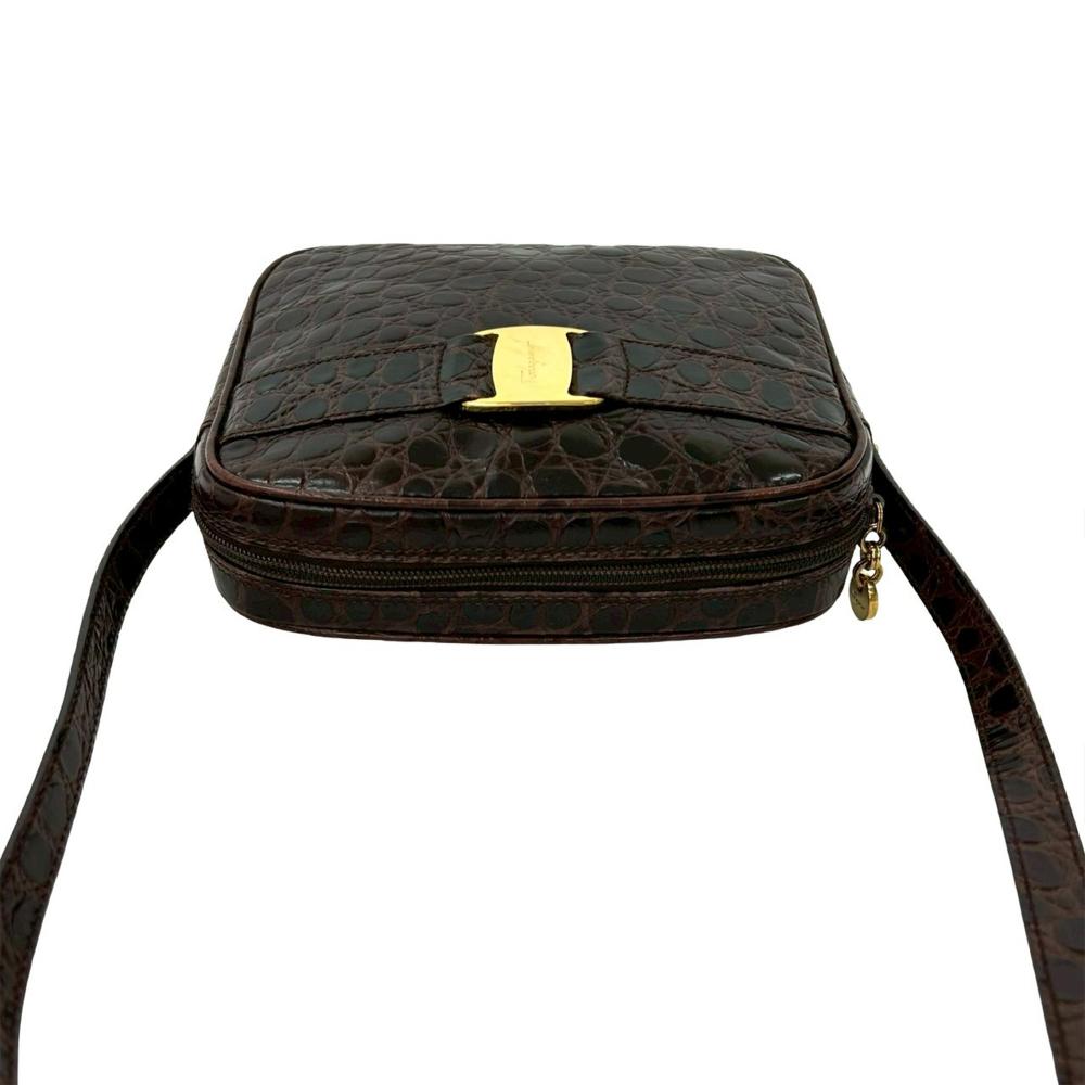 Ferragamo AB Ferragamo Brown Dark Brown Calf Leather Croc Embossed Vara Crossbody Italy
