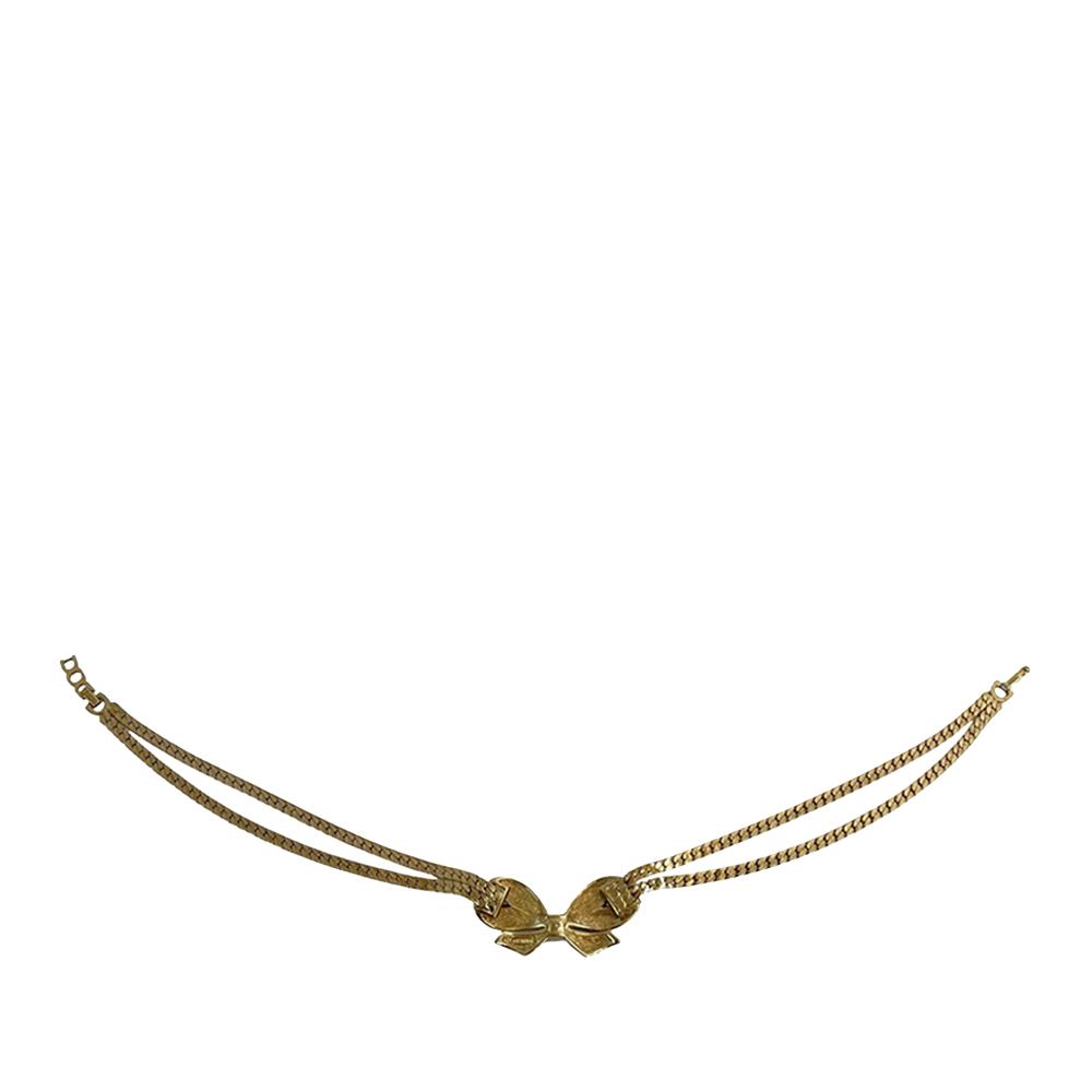 Christian Dior AB Dior Gold Gold Plated Metal Rhinestone and Enamel Ribbon Motif Choker Necklace Germany