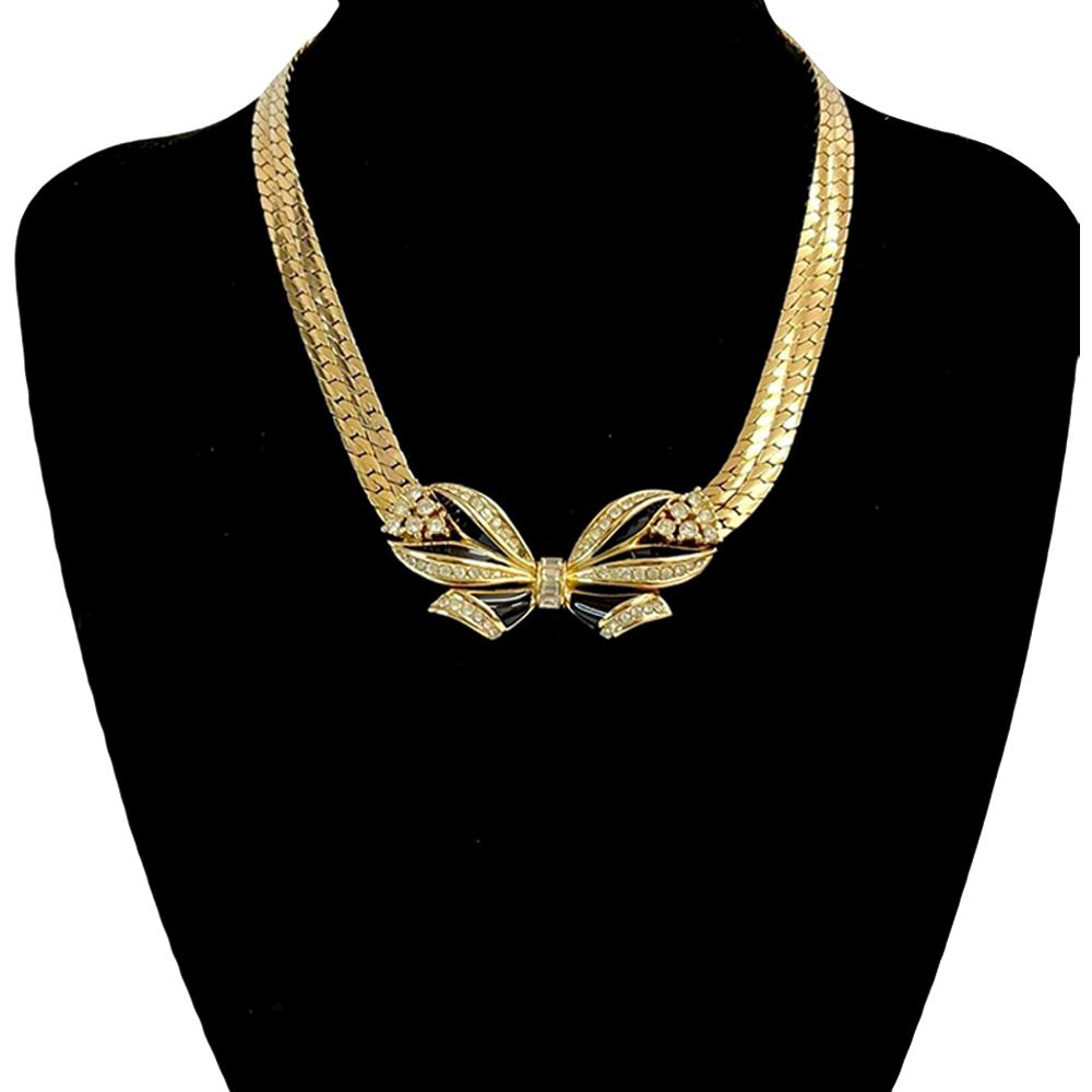 Christian Dior AB Dior Gold Gold Plated Metal Rhinestone and Enamel Ribbon Motif Choker Necklace Germany