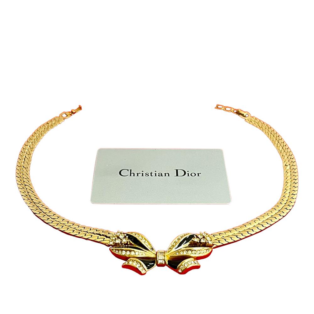 Christian Dior AB Dior Gold Gold Plated Metal Rhinestone and Enamel Ribbon Motif Choker Necklace Germany