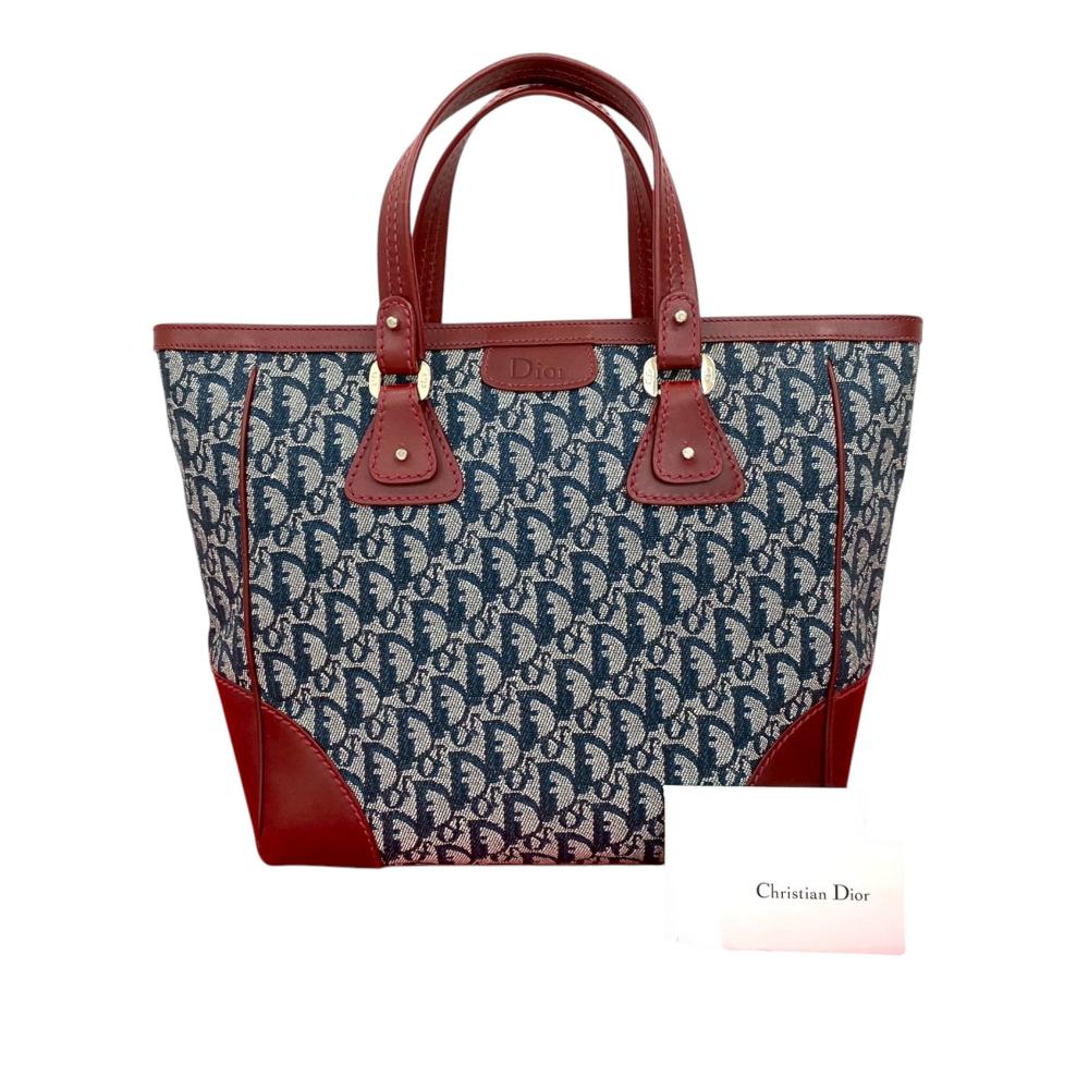 Christian Dior AB Dior Blue Navy with Red Dark Red Canvas Fabric Diorissimo Trotter Zip Tote France