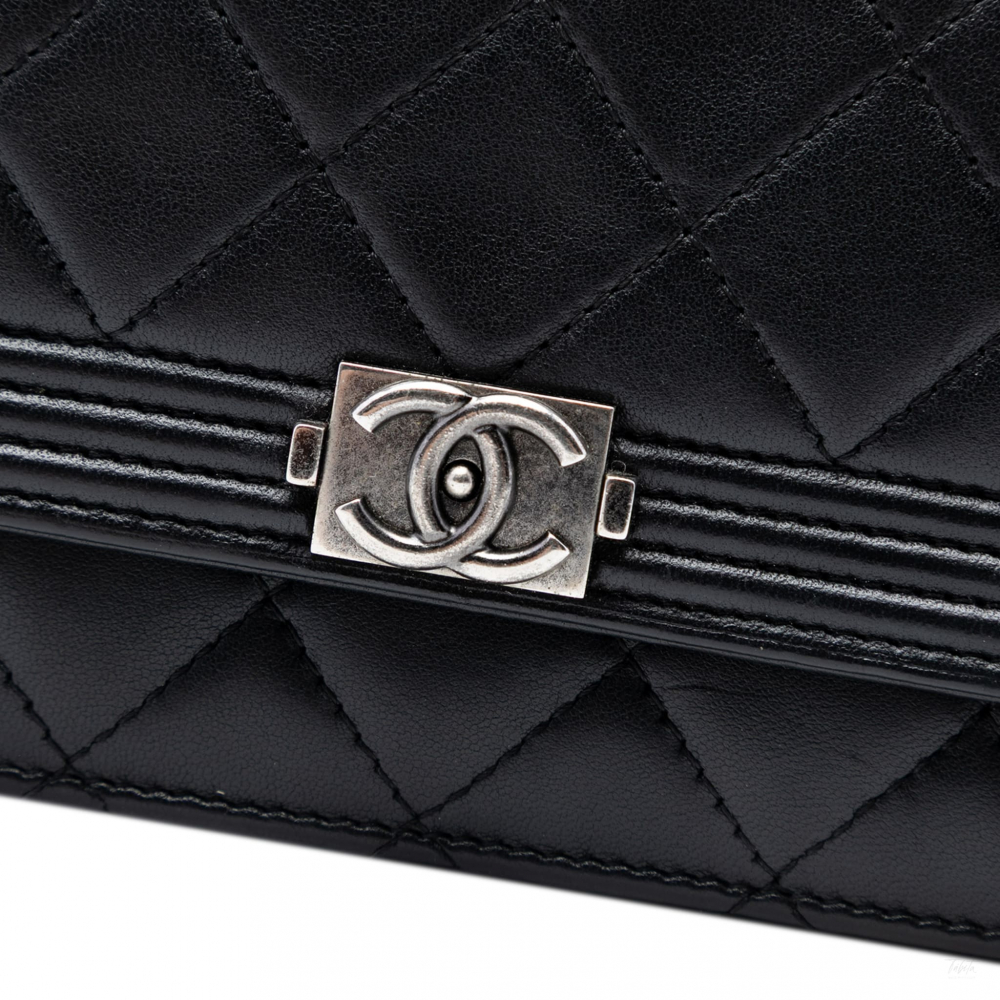 Chanel Boy Lambskin Leather Quilted Wallet on Chain Crossbody Black
