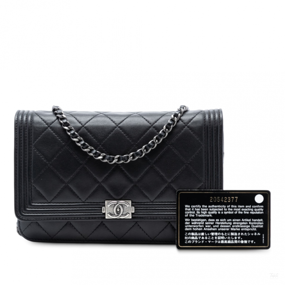 Chanel Boy Lambskin Leather Quilted Wallet on Chain Crossbody Black