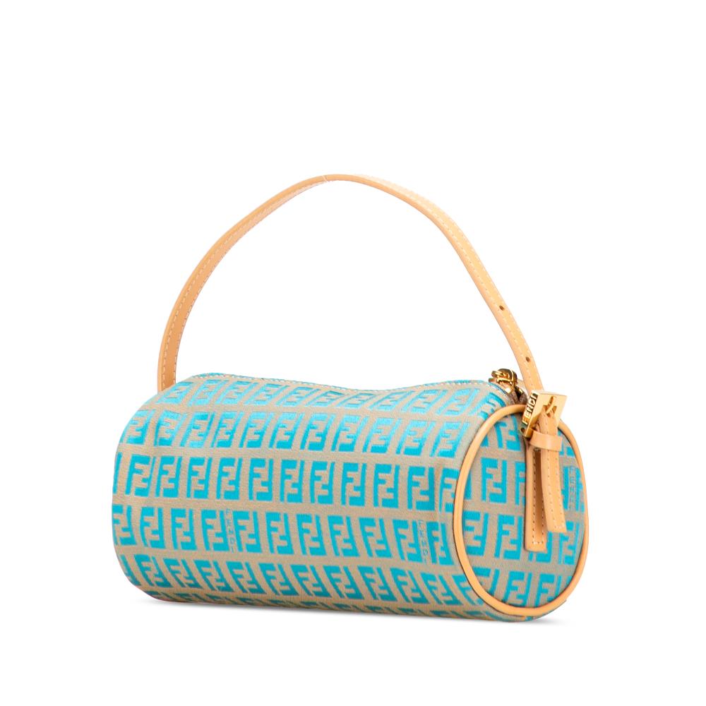 Fendi AB Fendi Brown Beige with Blue Turquoise Canvas Fabric Zucchino Barrel Pochette Italy