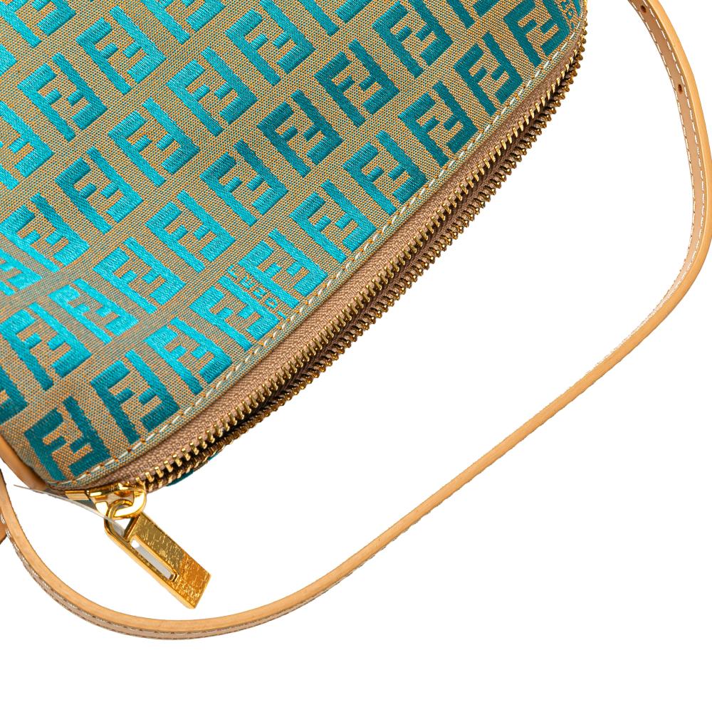 Fendi AB Fendi Brown Beige with Blue Turquoise Canvas Fabric Zucchino Barrel Pochette Italy