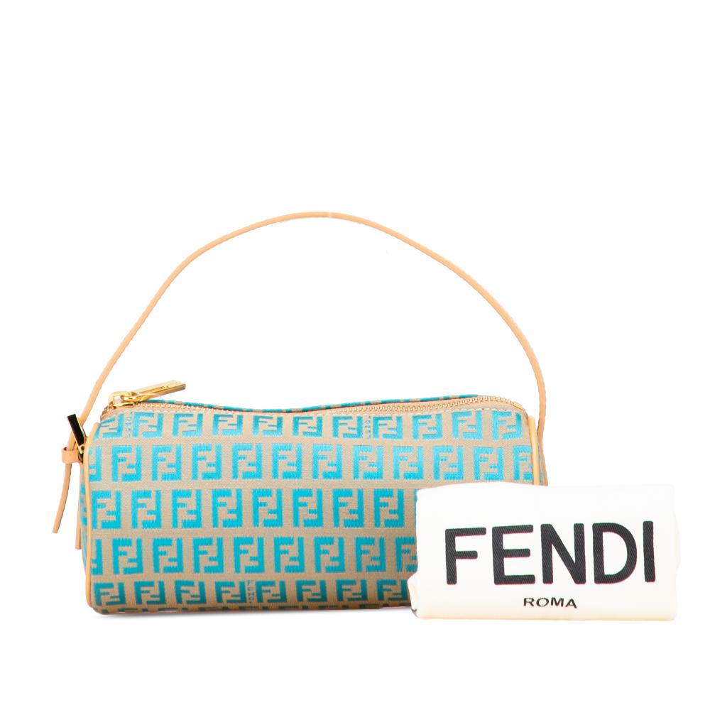 Fendi AB Fendi Brown Beige with Blue Turquoise Canvas Fabric Zucchino Barrel Pochette Italy