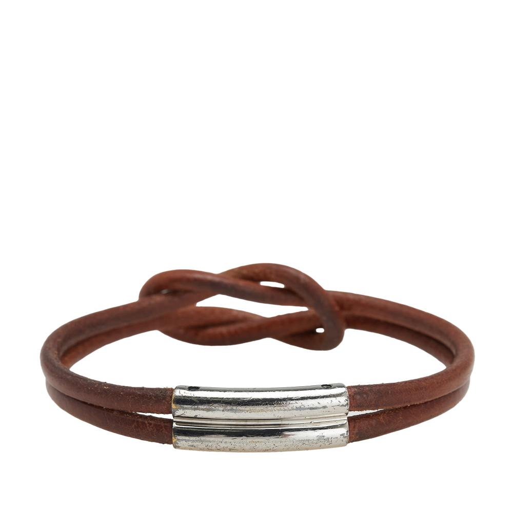 Hermès B Hermès Brown with Silver Calf Leather Atame Knot Bracelet France