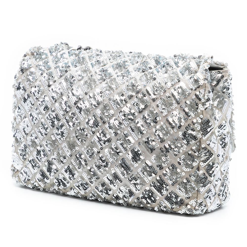 Chanel B Chanel Silver Satin Fabric Medium Seasonal Sequin Flap Italy