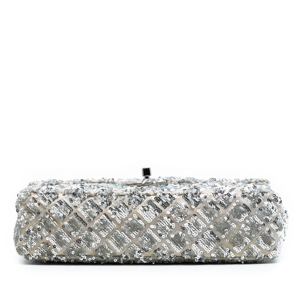 Chanel B Chanel Silver Satin Fabric Medium Seasonal Sequin Flap Italy