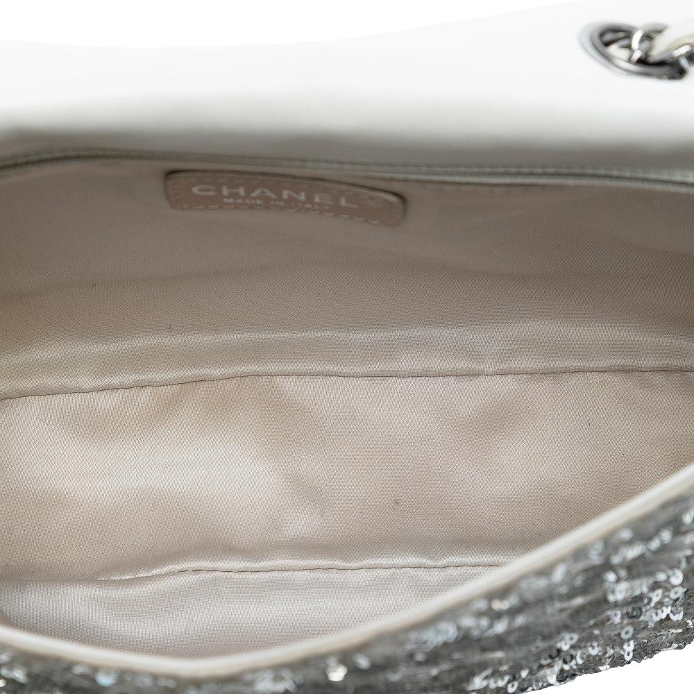 Chanel B Chanel Silver Satin Fabric Medium Seasonal Sequin Flap Italy