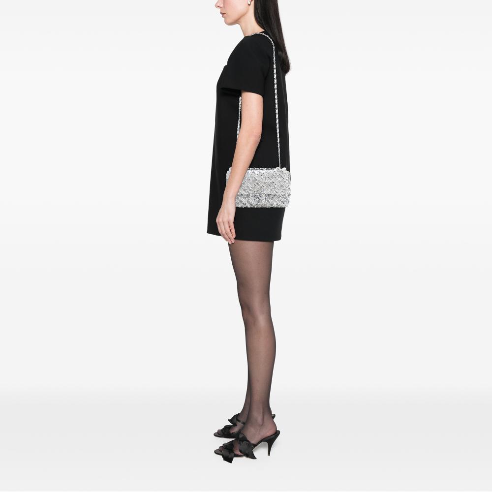 Chanel B Chanel Silver Satin Fabric Medium Seasonal Sequin Flap Italy