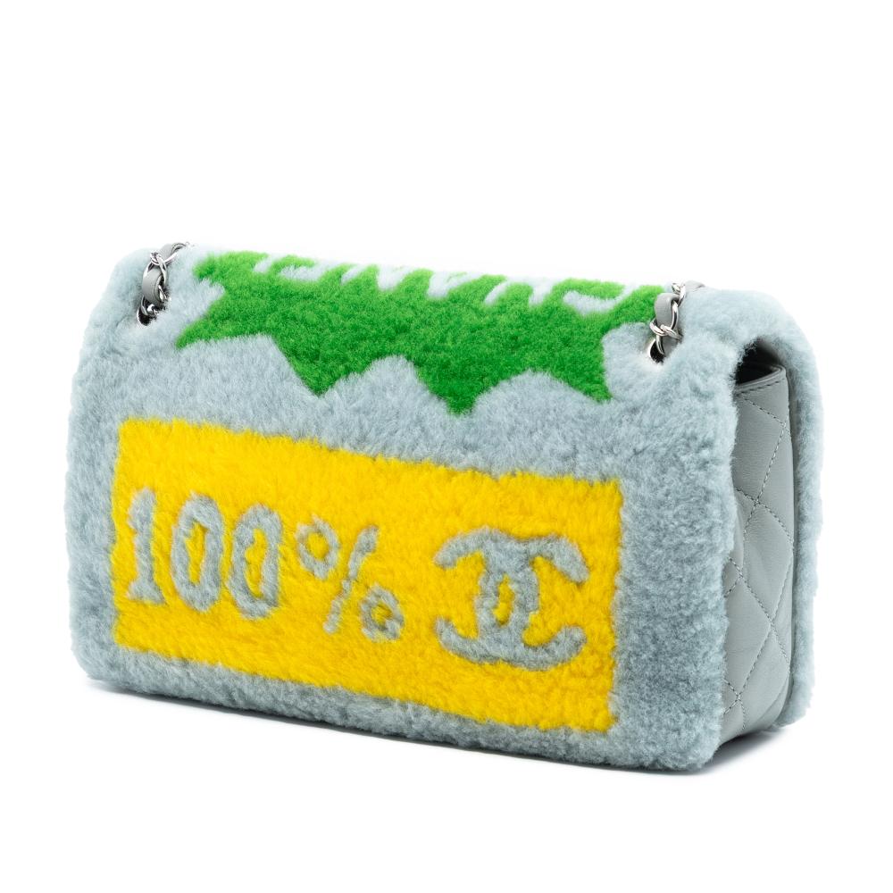 Chanel B Chanel Gray with Multi Shearling Natural Material and Lambskin Patchwork No 5 Pop Art Flap Italy