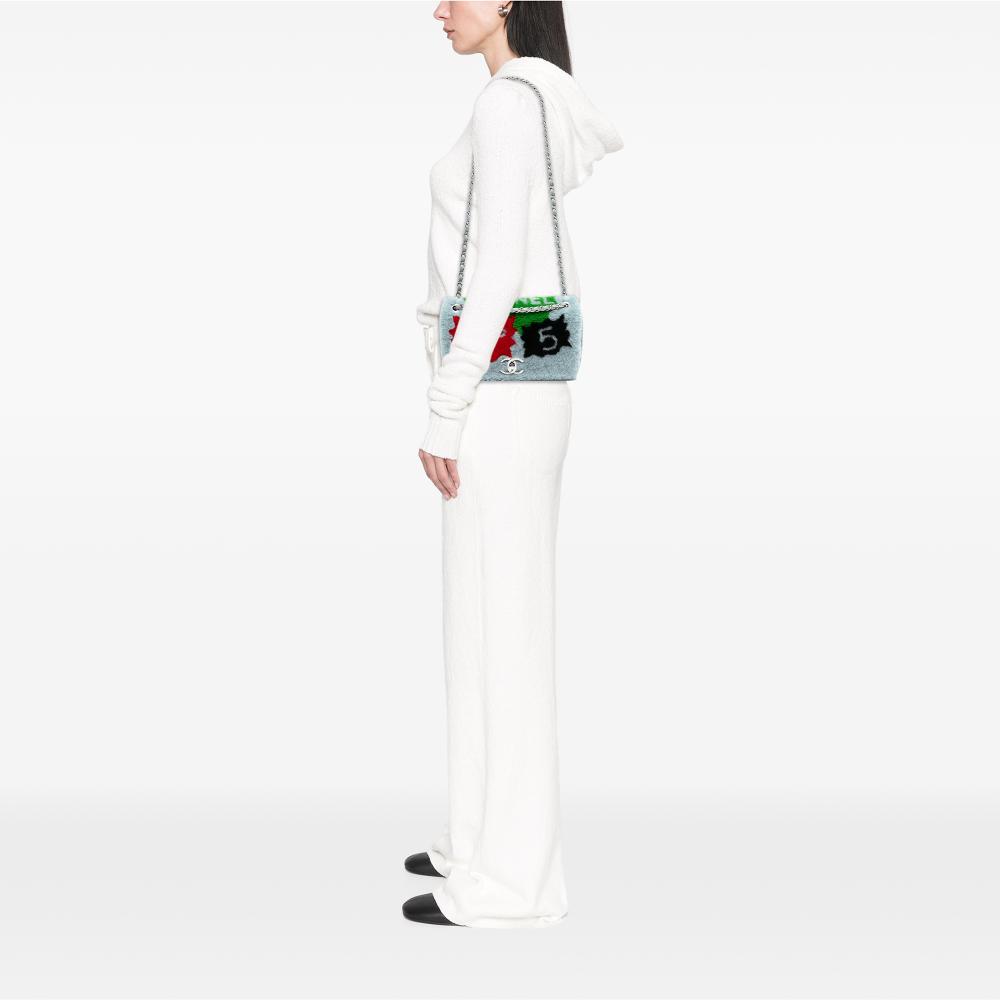 Chanel B Chanel Gray with Multi Shearling Natural Material and Lambskin Patchwork No 5 Pop Art Flap Italy