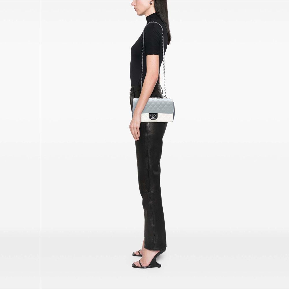 Chanel AB Chanel Gray Pomice Lambskin Leather Leather Medium Classic Tricolor Lambskin Single Flap Italy