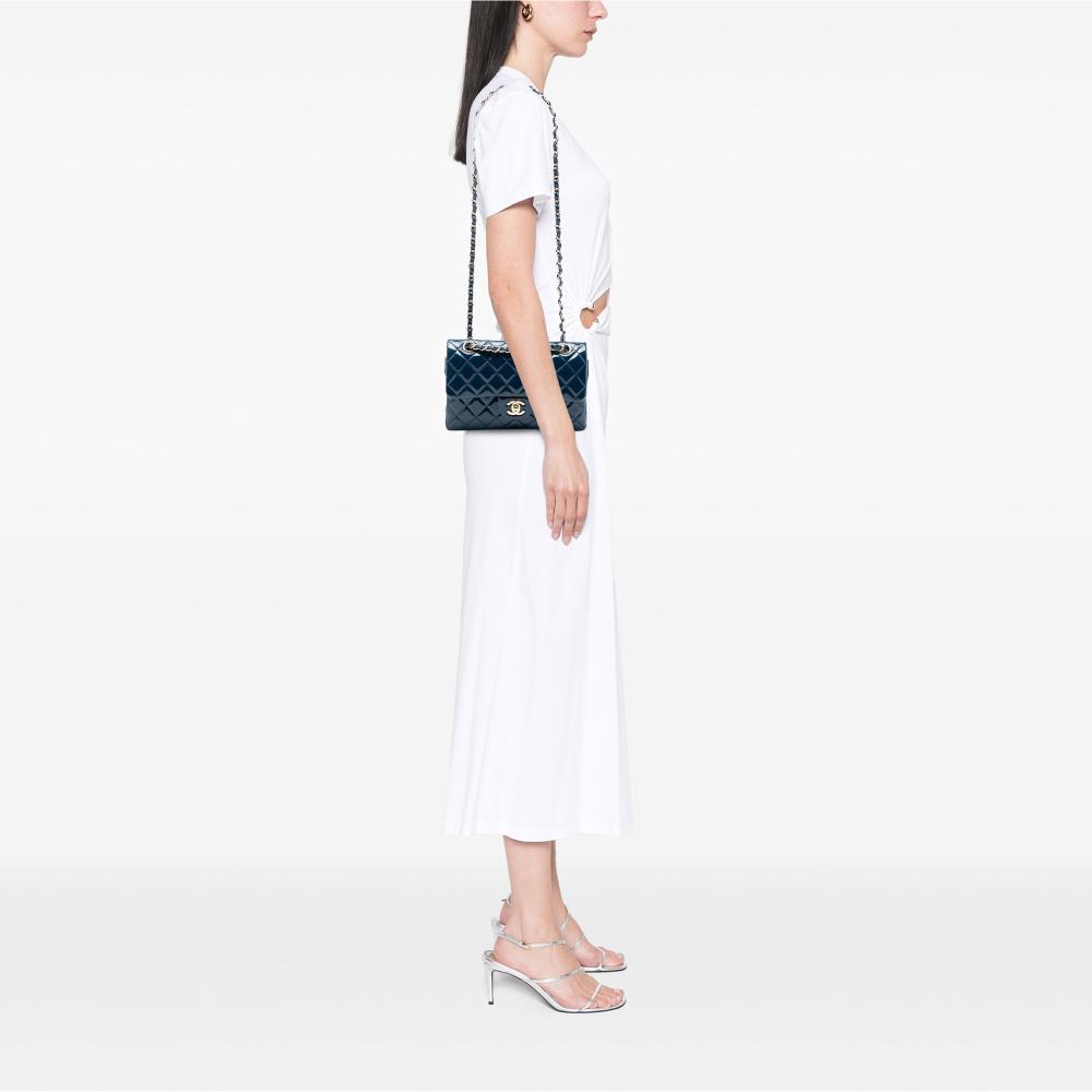 Chanel B Chanel Blue Patent Leather Leather Small Classic Patent Double Flap France