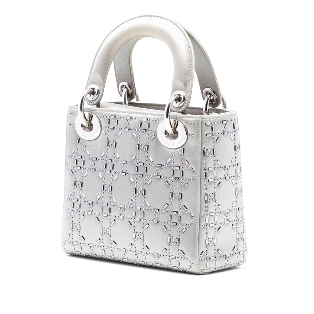Christian Dior B Dior Gray Satin Fabric Mini Cannage Strass Crystal Embellished Lady Dior Italy