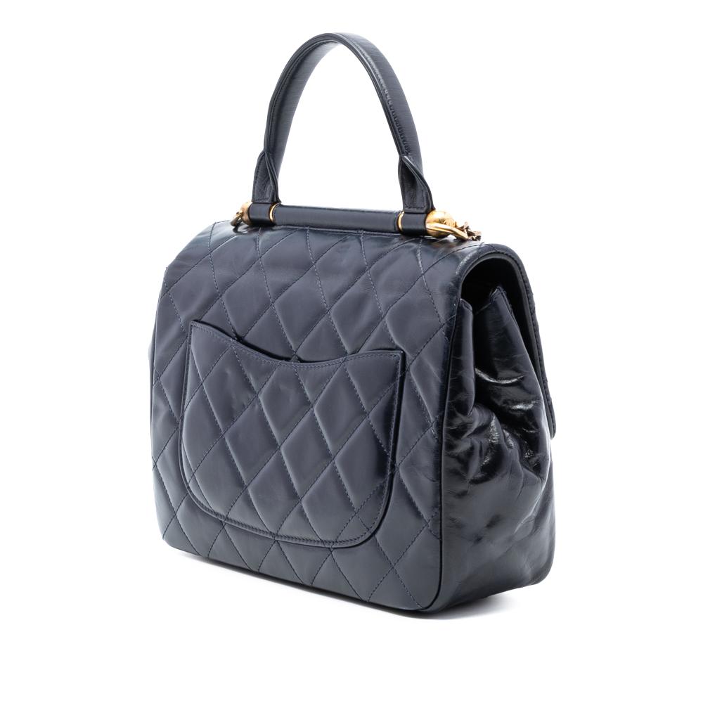 Chanel AB Chanel Blue Navy Calf Leather Medium Quilted Glazed skin Gold Bar Top Handle Flap Italy