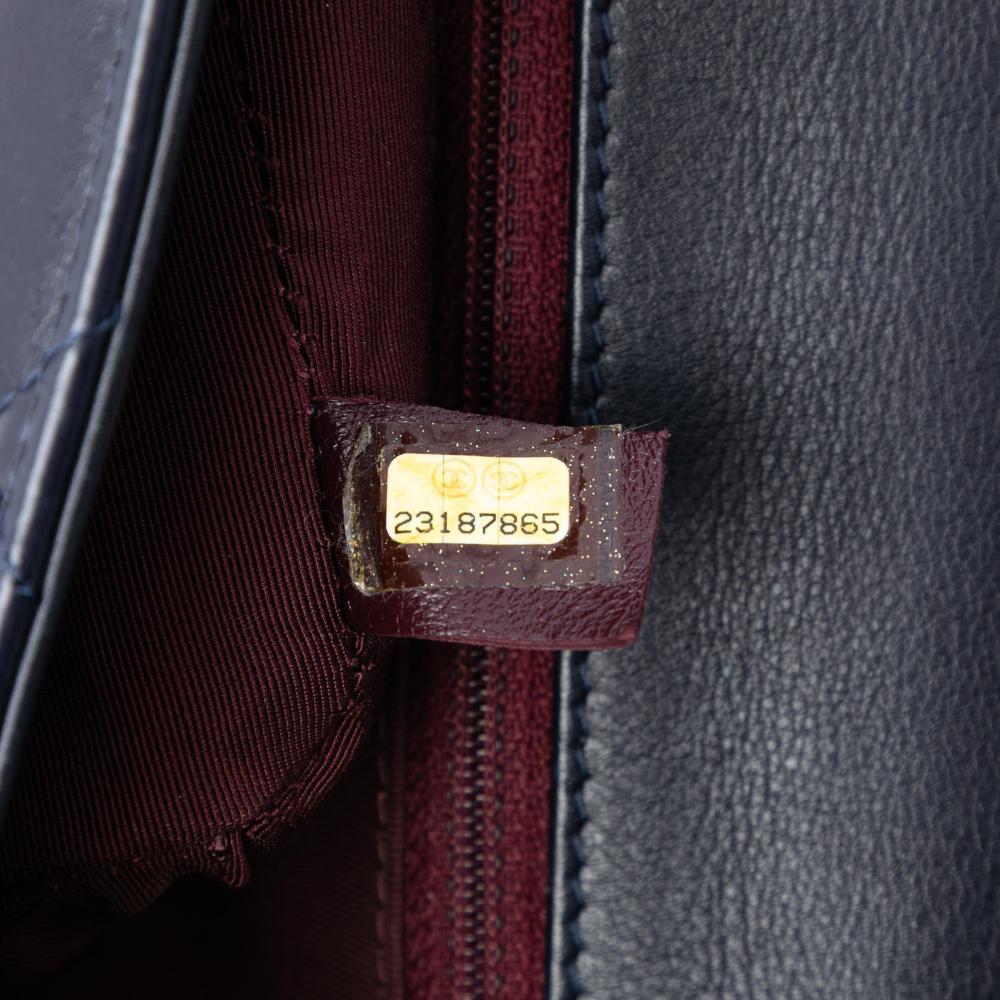 Chanel AB Chanel Blue Navy Calf Leather Medium Quilted Glazed skin Gold Bar Top Handle Flap Italy