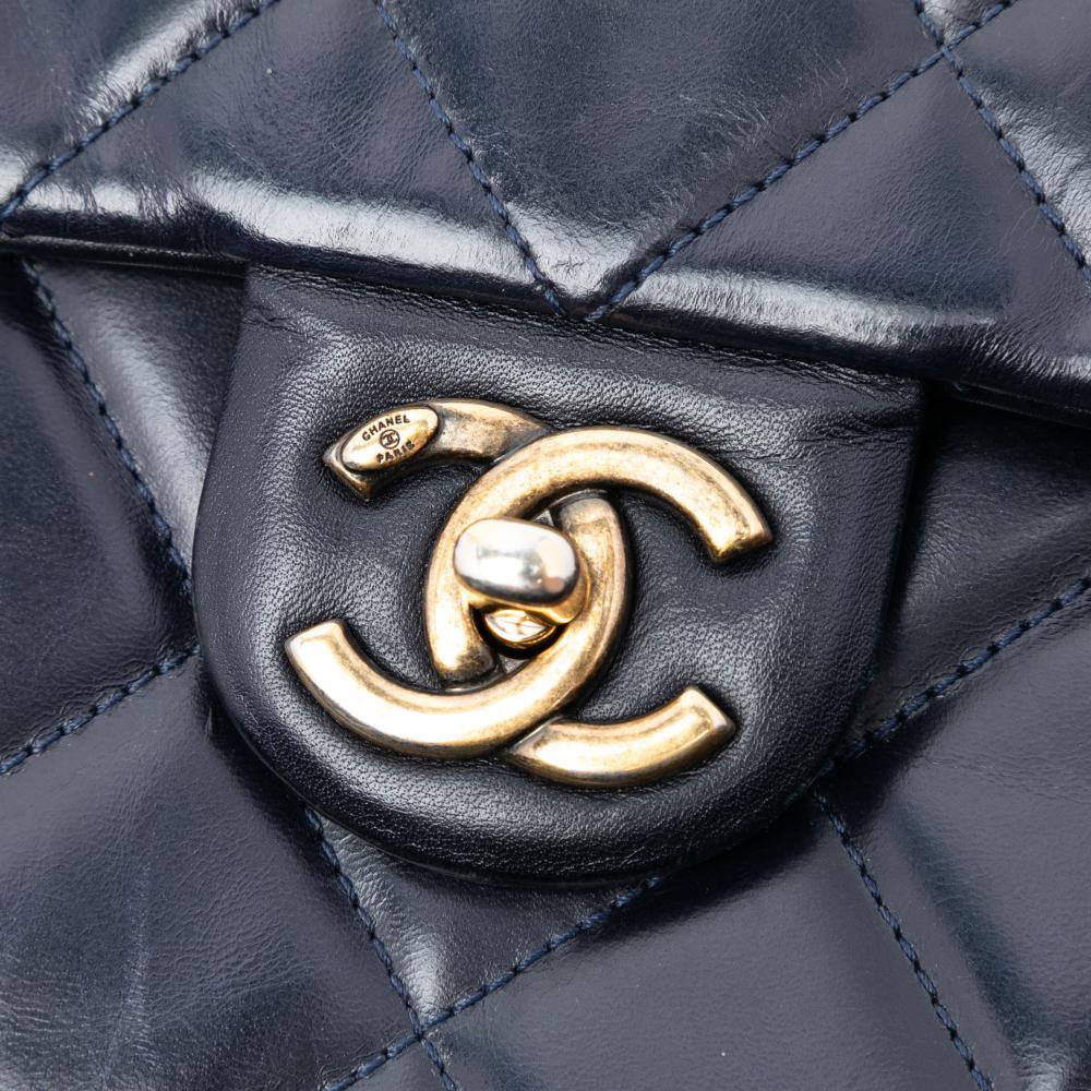 Chanel AB Chanel Blue Navy Calf Leather Medium Quilted Glazed skin Gold Bar Top Handle Flap Italy