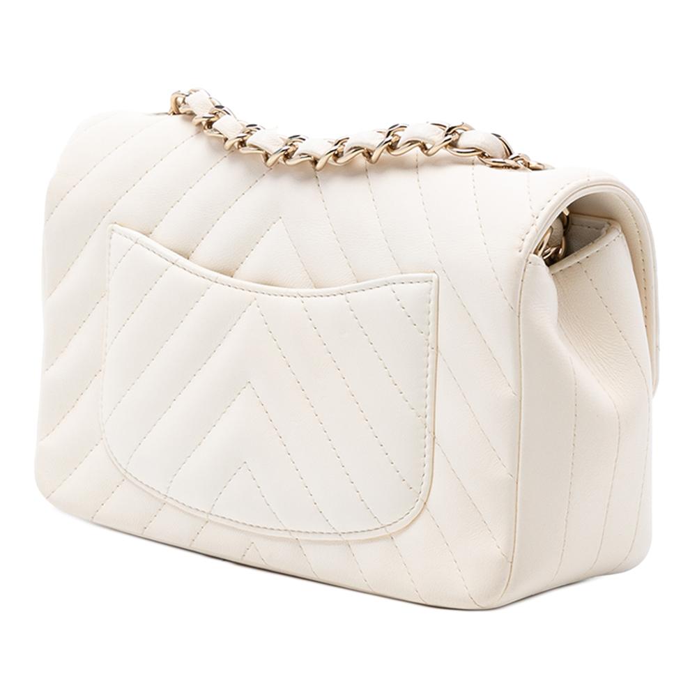 Chanel White Mini Rectangular Classic Chevron Lambskin Single Flap Italy