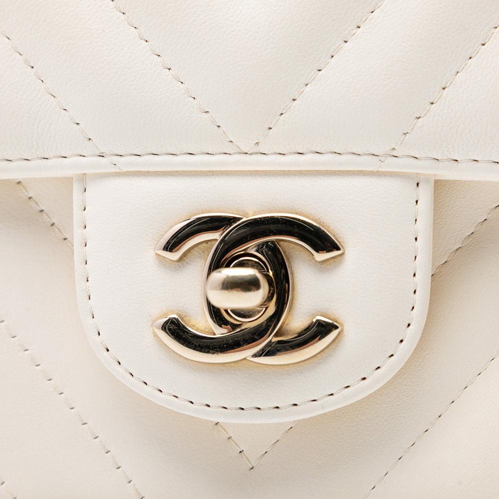 Chanel White Mini Rectangular Classic Chevron Lambskin Single Flap Italy