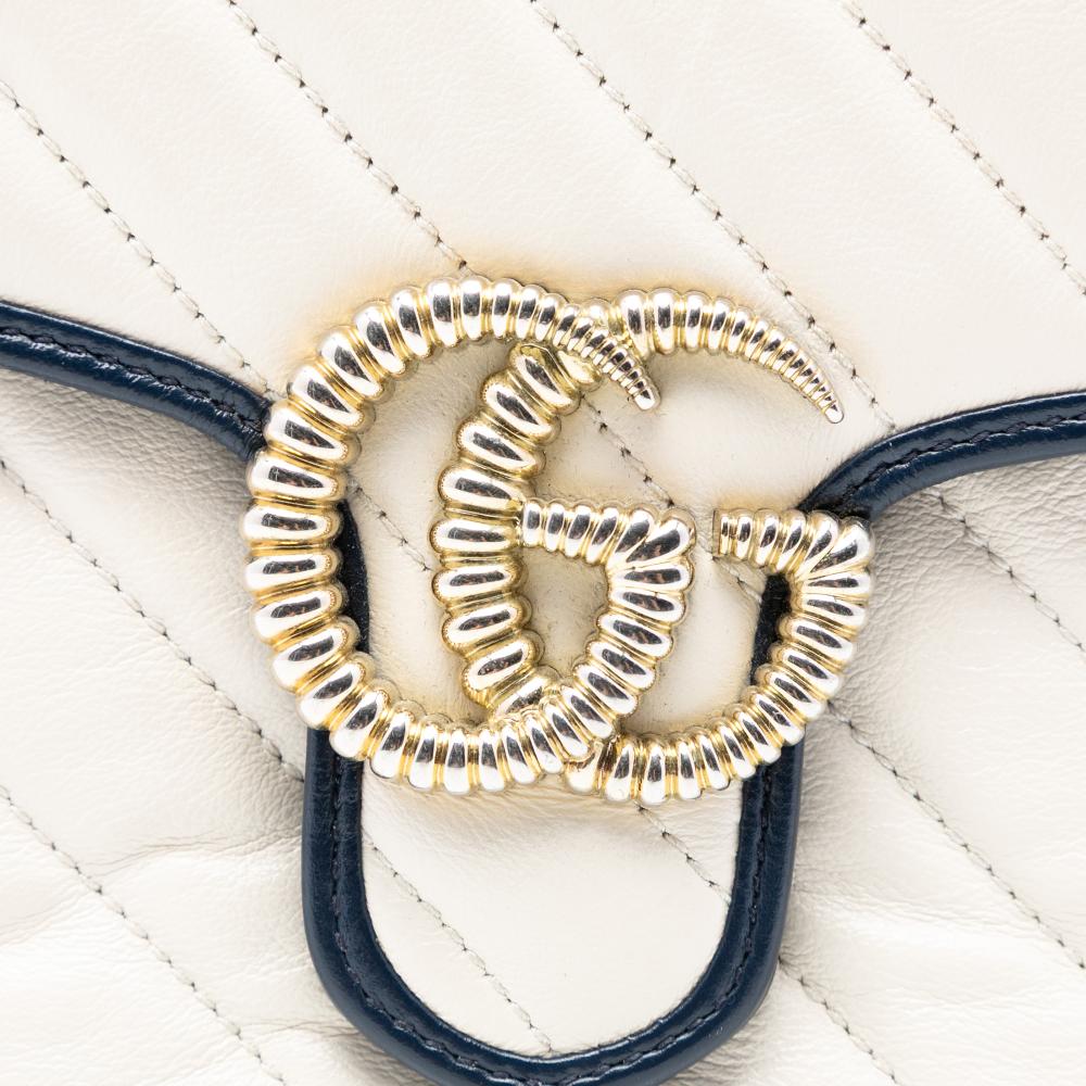 Gucci B Gucci White Calf Leather Mini GG Marmont Matelasse Diagonal Torchon Top Handle Bag Italy