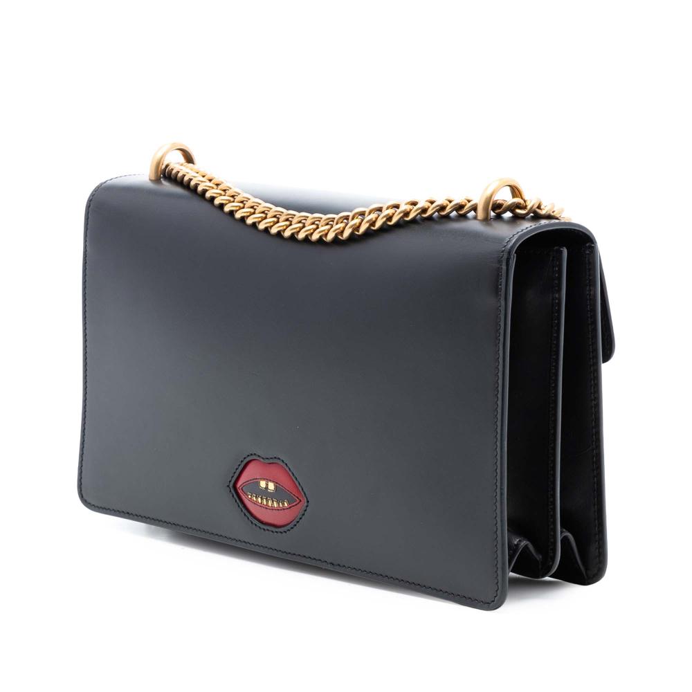 Gucci B Gucci Black Calf Leather Medium GG Marmont Malaga Kid Heart Patch Chain Flap Italy