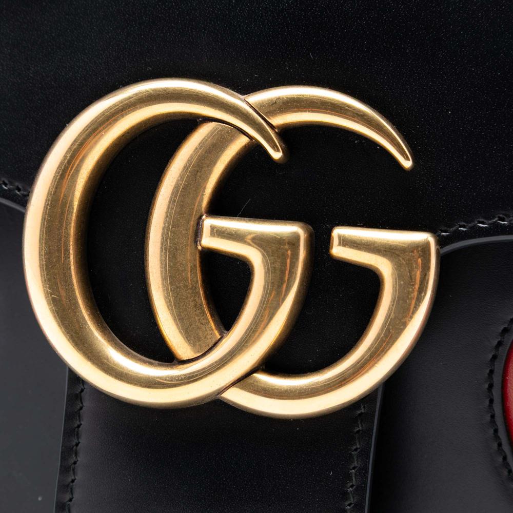 Gucci B Gucci Black Calf Leather Medium GG Marmont Malaga Kid Heart Patch Chain Flap Italy