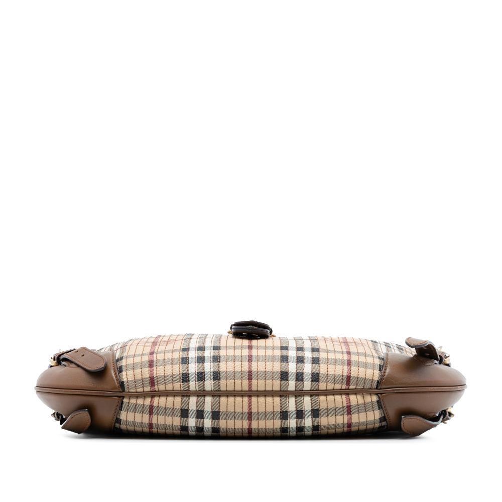 Burberry Brown Beige Coated Canvas Fabric Haymarket Check Stitched and Leather Dunloe Satchel Italy