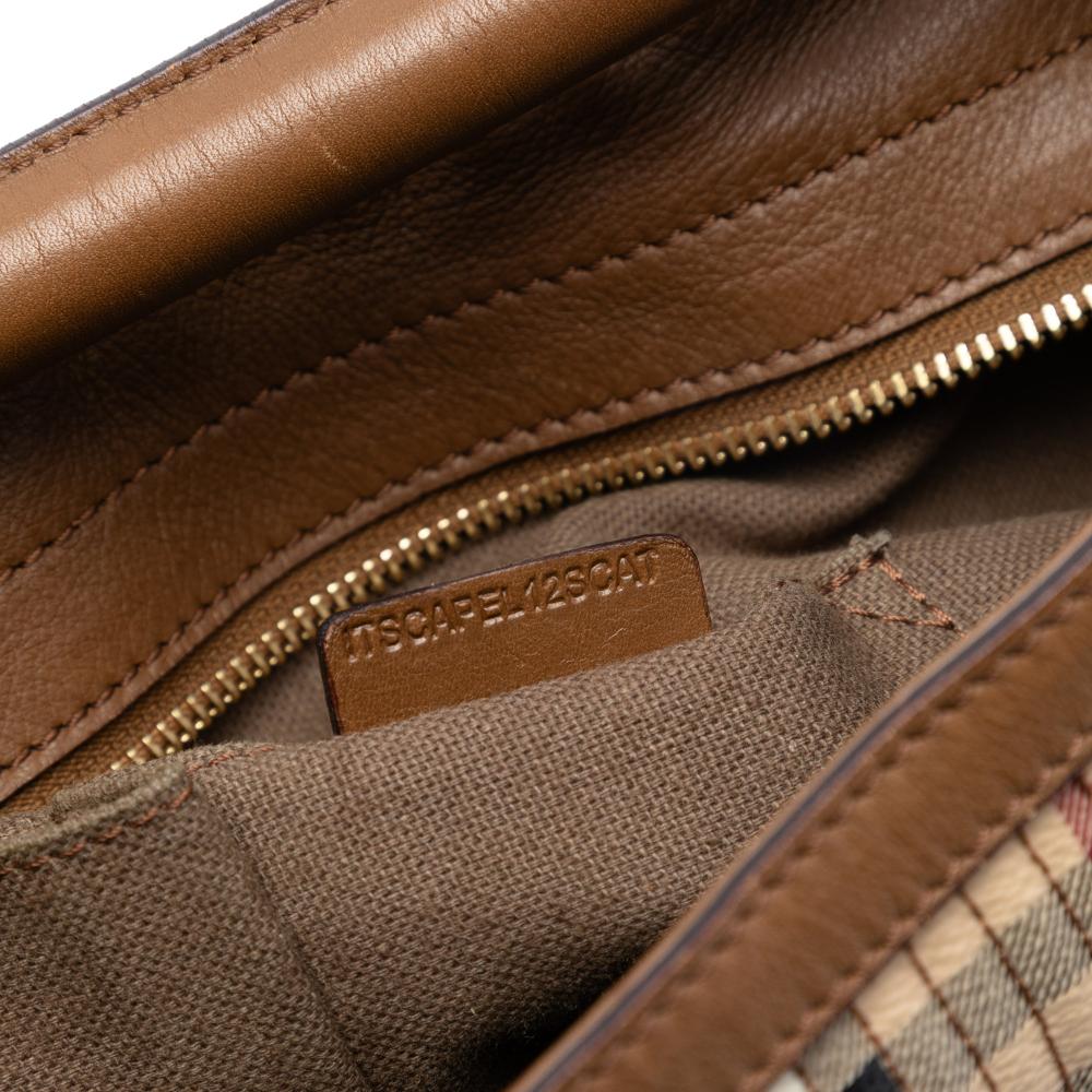 Burberry Brown Beige Coated Canvas Fabric Haymarket Check Stitched and Leather Dunloe Satchel Italy