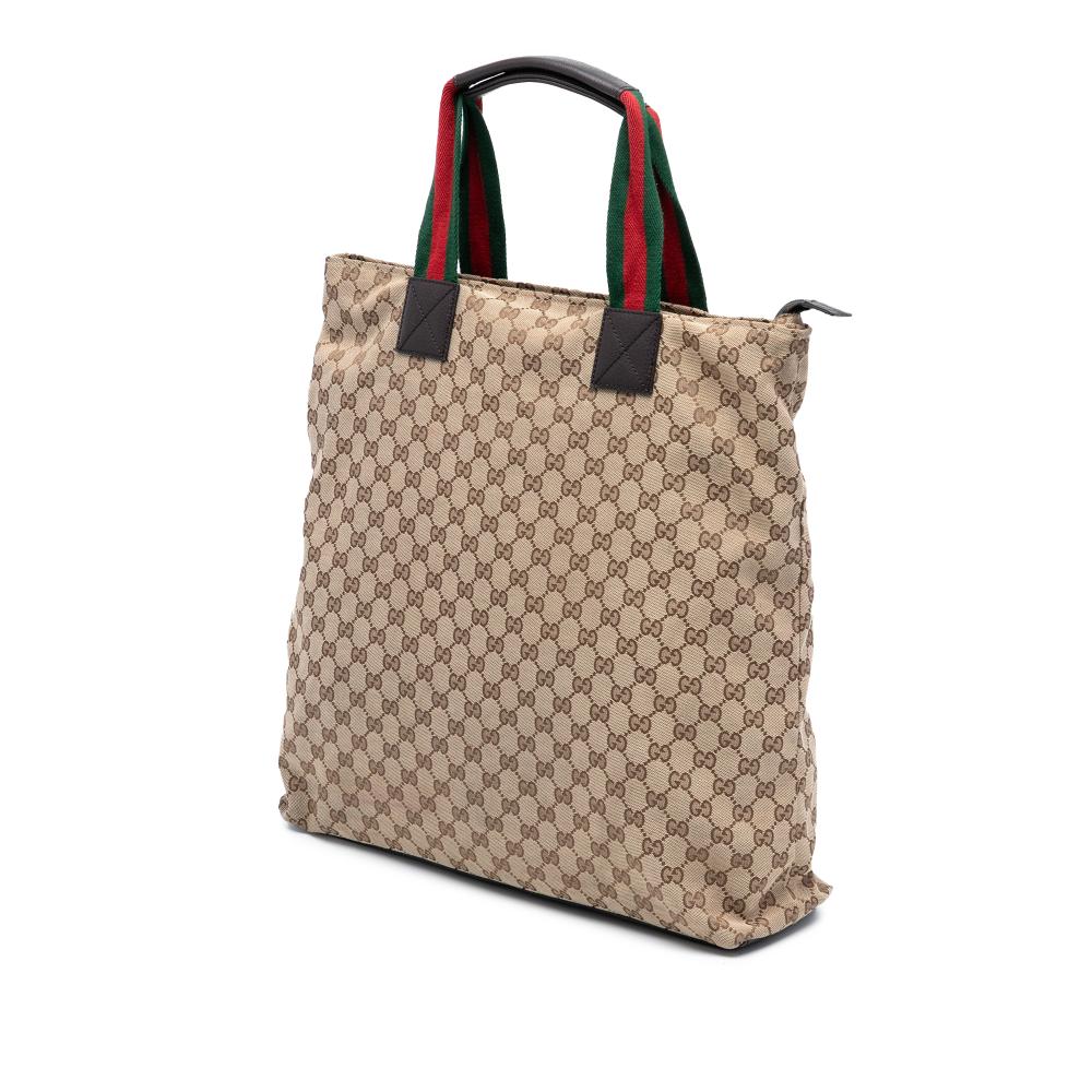 Gucci B Gucci Brown Beige Canvas Fabric GG Web Tote Italy
