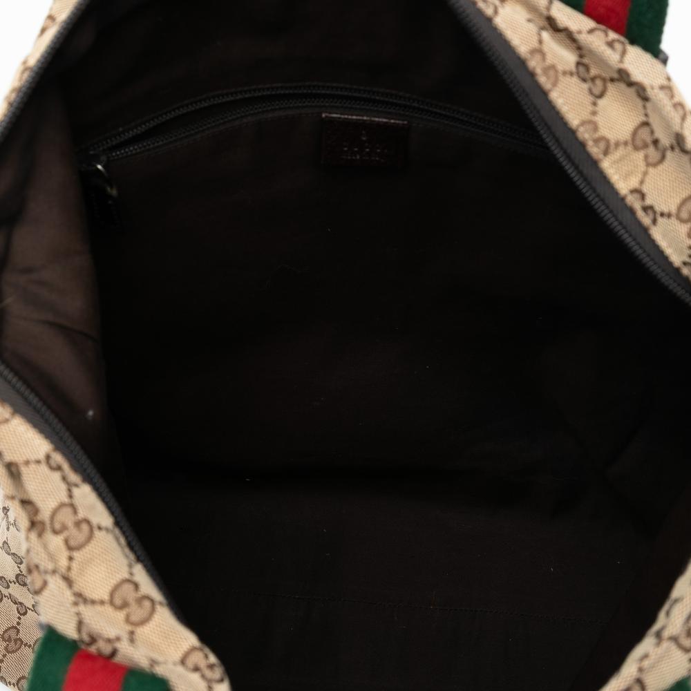 Gucci B Gucci Brown Beige Canvas Fabric GG Web Tote Italy