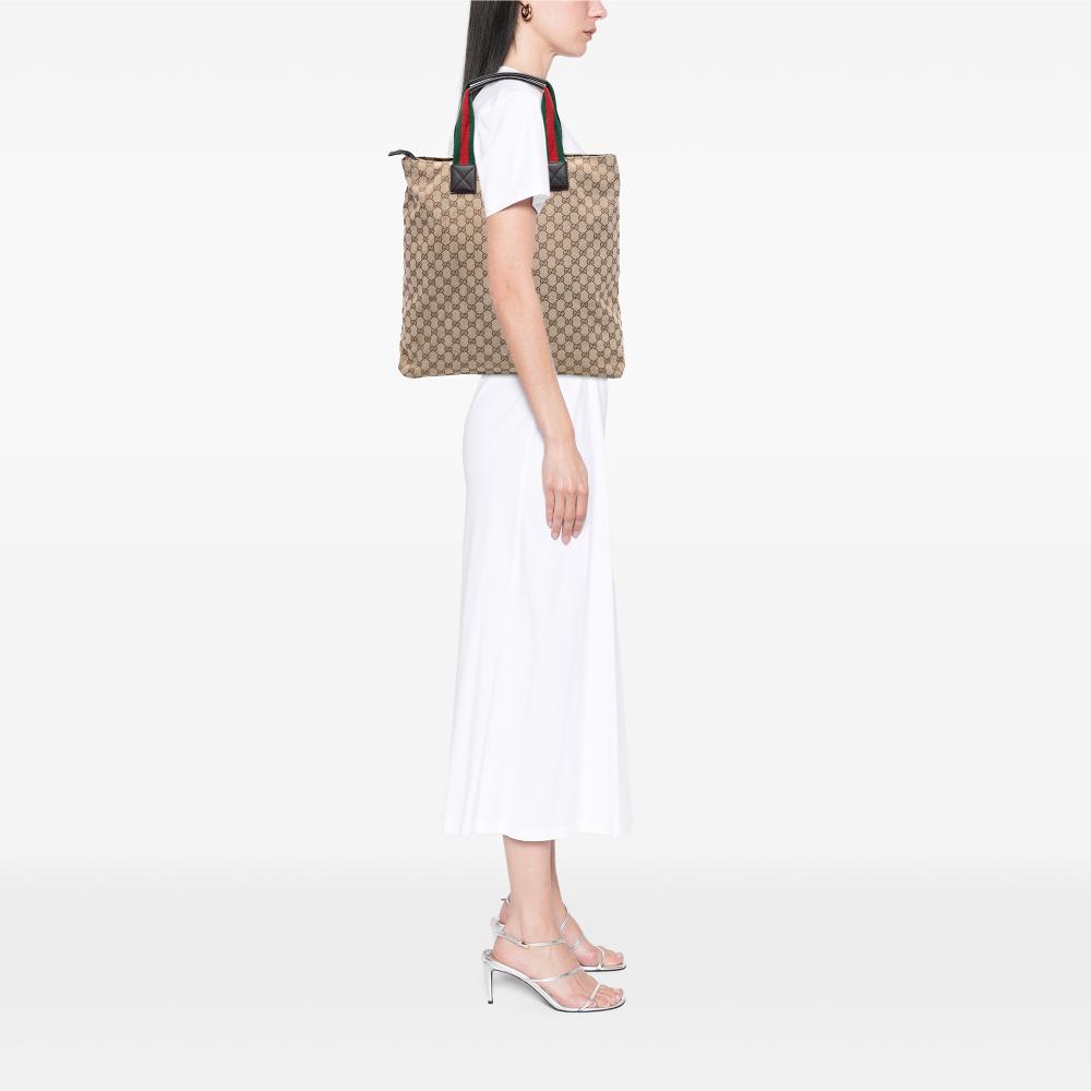Gucci B Gucci Brown Beige Canvas Fabric GG Web Tote Italy