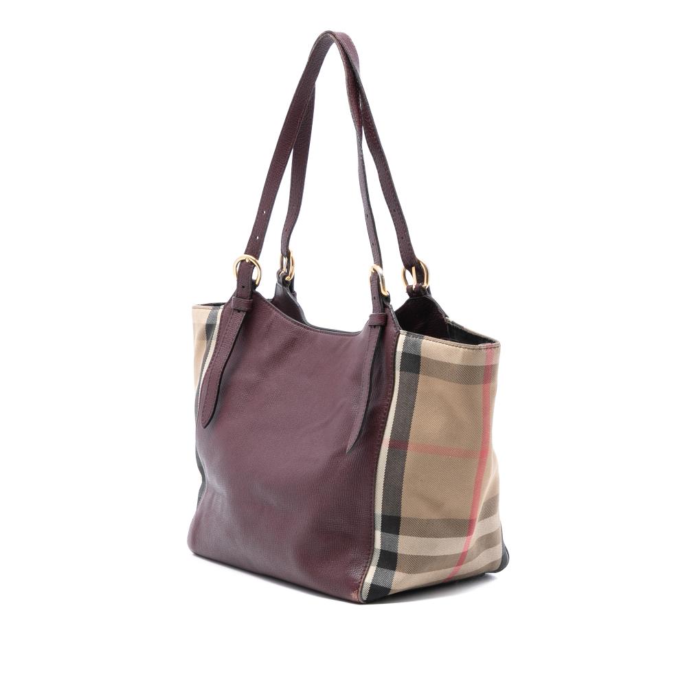 Burberry B Burberry Red Burgundy Calf Leather Small and House Check Canvas Canterbury Tote Italy