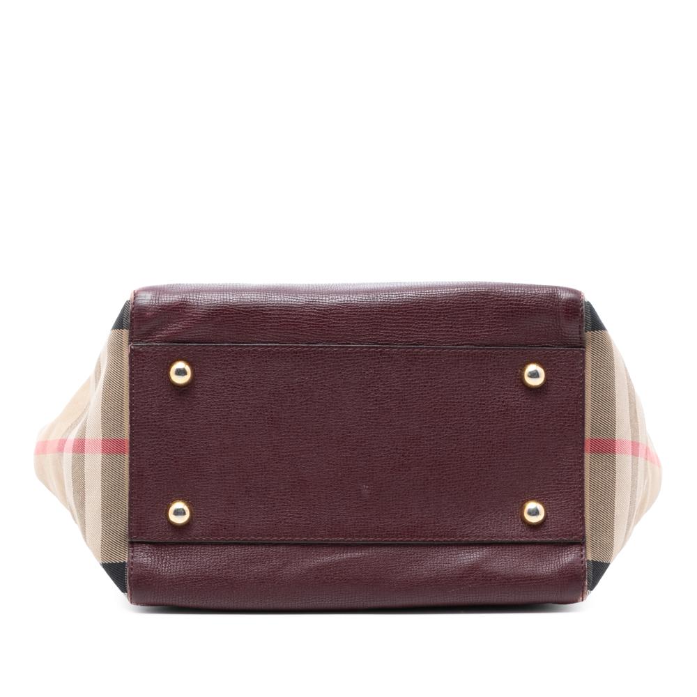 Burberry B Burberry Red Burgundy Calf Leather Small and House Check Canvas Canterbury Tote Italy