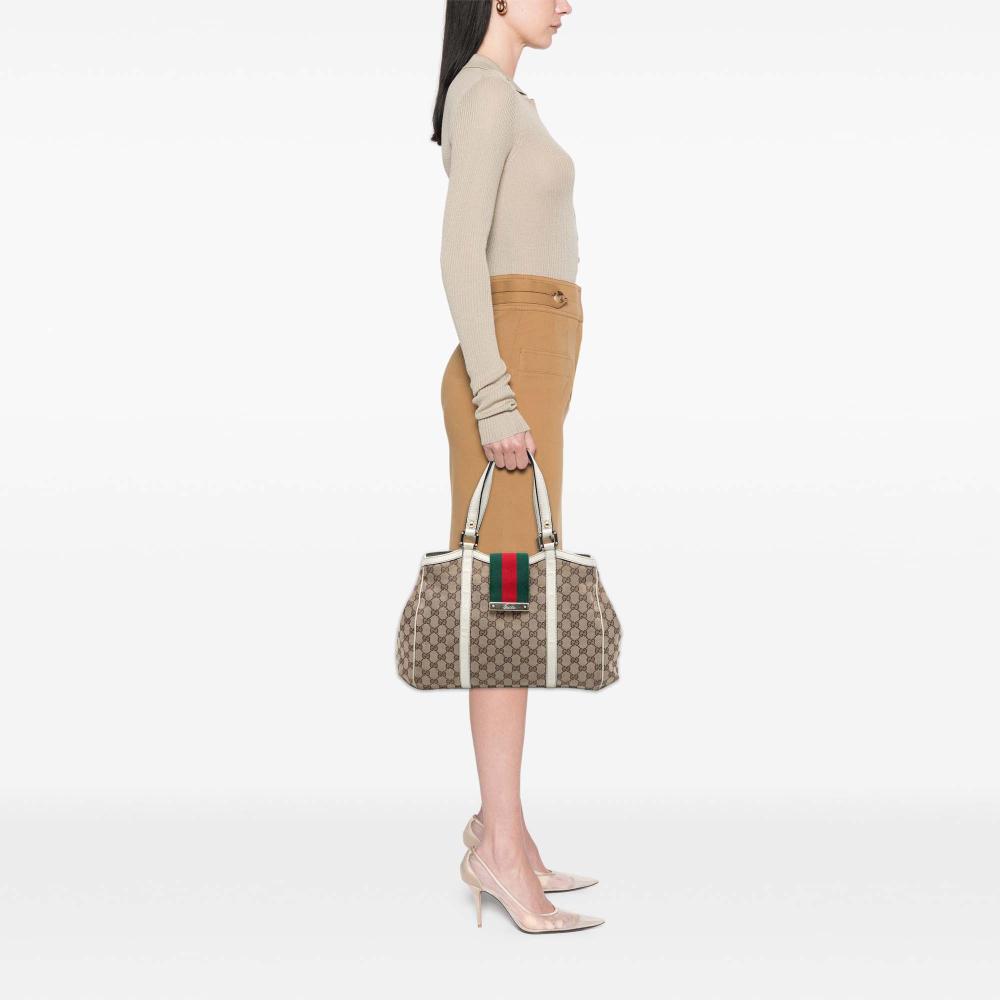 Gucci B Gucci Brown Beige with White Canvas Fabric GG Web New Ladies Tote Italy
